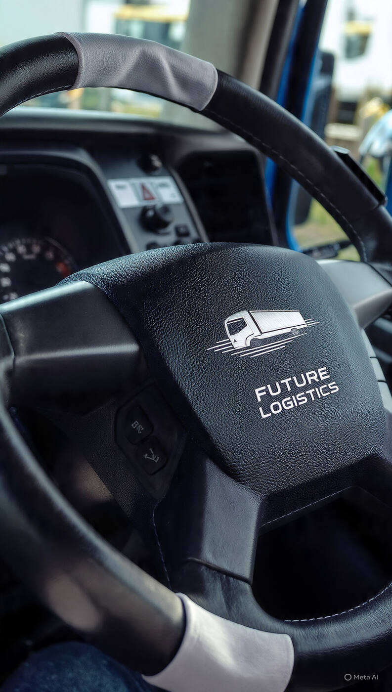 Future Logistics driver at branded steering wheel