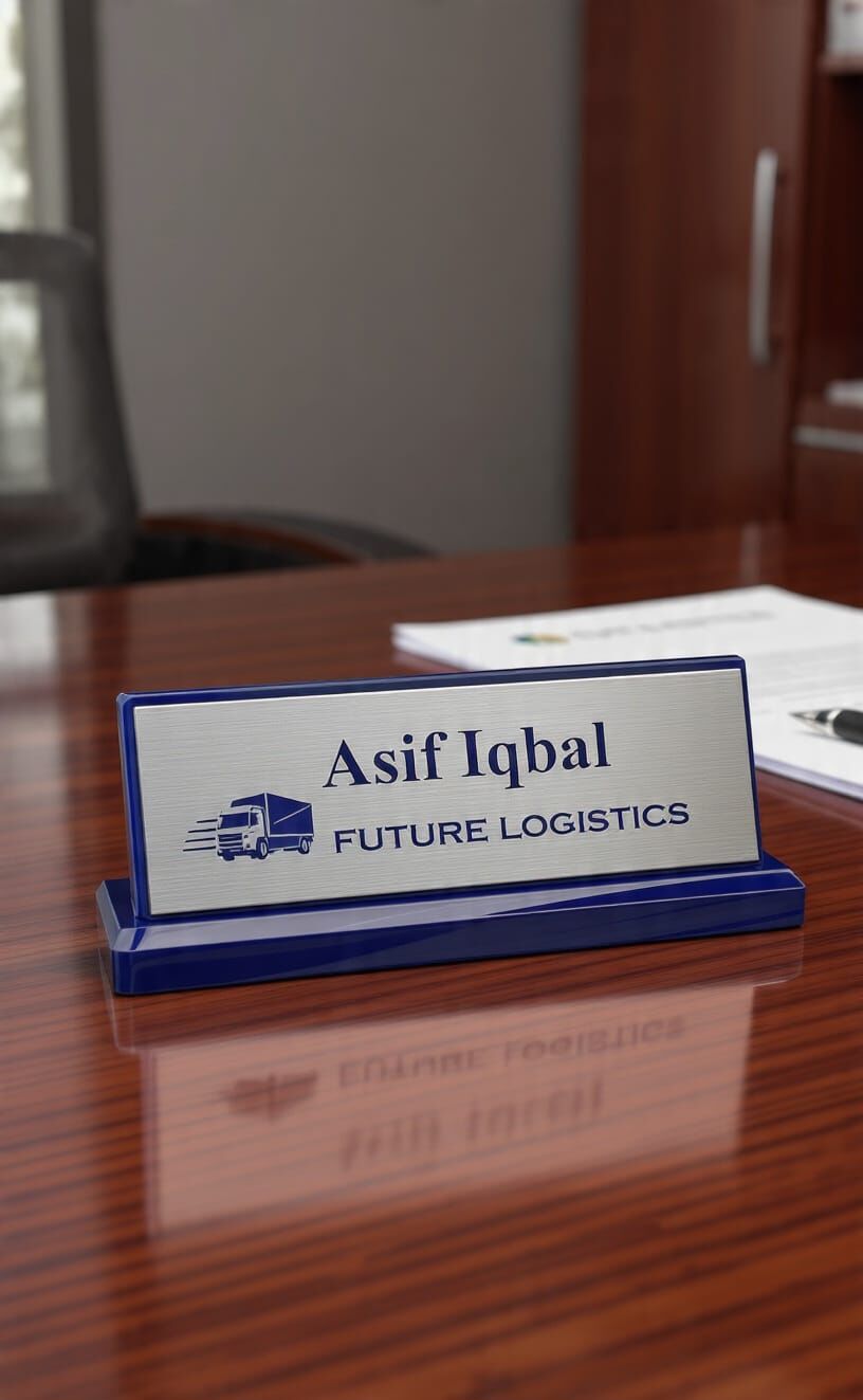 Future Logistics desk nameplate at the office